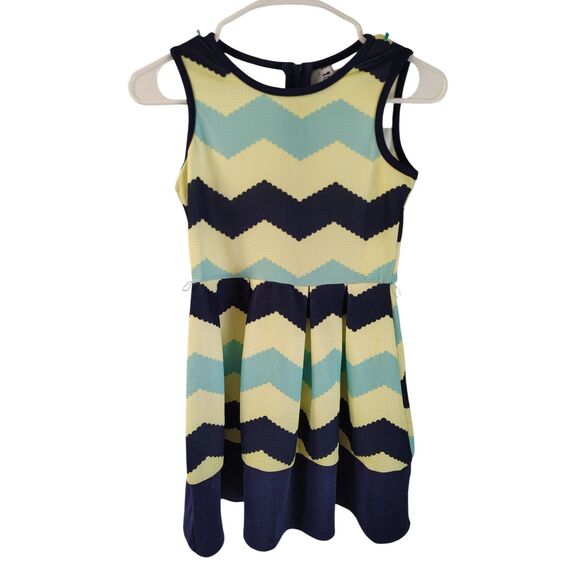 Beautees Kids Girls Size 8 Dark Blue, Yellow, and Light Blue Fit & Flare Dress - Picture 1 of 4